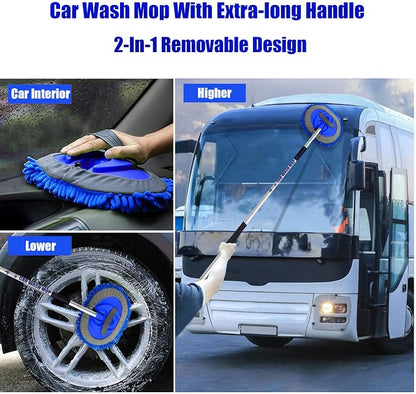 62" Car Wash Brush Mop Kit with Long Handle, 2 in 1 Chenille Microfiber Sponge Mitt Cleaning Detailing Duster for Washing Cars Truck SUV RV Caravans and Household(2 x Mop Head) (Blue)