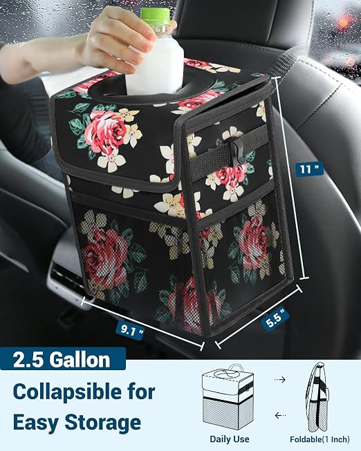 Capolo Car Trash Can with Lid, Leakproof Car Trash Bag Hanging Waterproof Automotive Garbage Can with Storage Pockets Mini Vehicle Trash Bin for Back/Front Seat(Flower,2.5 Gallon)