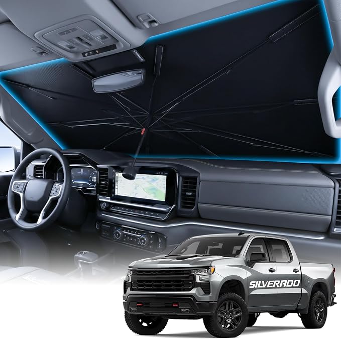 Wigoo Windshield Sun Shade Umbrella for Chevrolet Silverado 1500 2019-2026 [100% Sun Blockage, Ice Cooling Fabric] Foldable Front Window Sunshade Umbrella for Chevrolet Silverado 1500 2019-2026