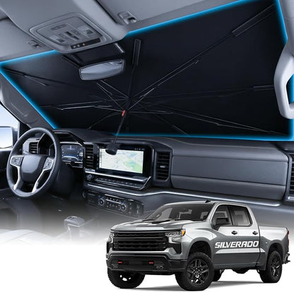 Wigoo Windshield Sun Shade Umbrella for Chevrolet Silverado 1500 2019-2026 [100% Sun Blockage, Ice Cooling Fabric] Foldable Front Window Sunshade Umbrella for Chevrolet Silverado 1500 2019-2026