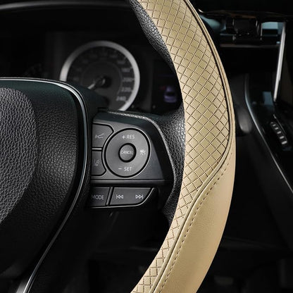 SEG Direct Steering Wheel Cover 14.5-15 inch (37-39 cm) Medium Size, Microfiber Leather, Non-Slip Comfortable Grip, Fits Cars Trucks SUVs, Beige