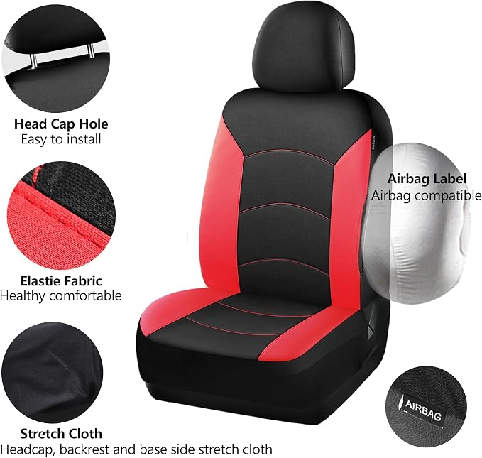 HChengkikz Car Seat Covers Front Seat, Waterproof Neoprene Seat Covers, Airbag Compatible, Universal Fit Most Sedans, SUVs, Trucks(Black + Red)