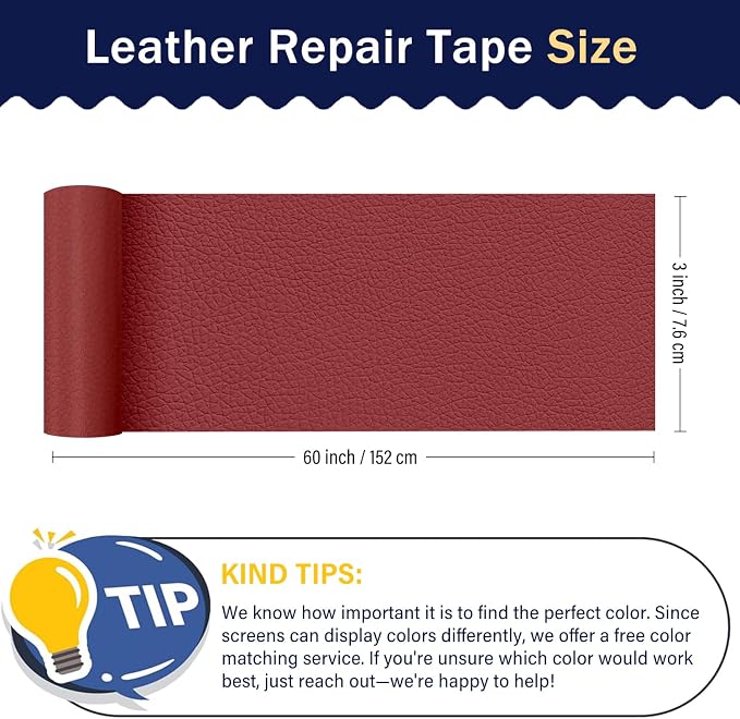 Zenyao Leather Repair Patch Tape - Self Adhesive Leather Repair Kit for Car Seat Furniture, Heavy Duty Vinyl Repair Patch for Couch Sofa, Waterproof for Rips Scratches Tears, 3x60 Inch Roll, Red