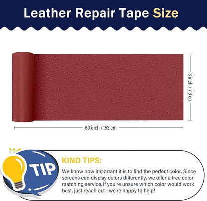 Zenyao Leather Repair Patch Tape - Self Adhesive Leather Repair Kit for Car Seat Furniture, Heavy Duty Vinyl Repair Patch for Couch Sofa, Waterproof for Rips Scratches Tears, 3x60 Inch Roll, Red