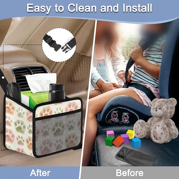 Car Backseat Organizer, PU Leather Back of Seat Car Hanging Organizer with Pockets Leakproof Car Garbage Bag Hanging Car Seat Storage Box Travel Accessories Foldable (Dogs Footprints)