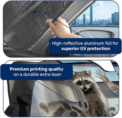 GENANY Raccoon Windshield Cover for Car SUV Truck (55x30 Inches), Foldable Heat Shield, Shades for Front Windows, Protector Blocks UV, Car Decor