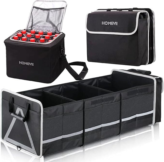 Homeve Car Trunk Organizer for SUV, 25Gal Large Capacity No-Sag Heavy Duty, Foldable Waterproof Anti-Slip Storage with 12 Pockets, Fit Sedan,Truck,Universal Car Accessories, Black, 3 Compart, Large