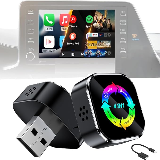 2026 4-in-1 CarPlay Adapter Wireless CarPlay + AirPlay + Android Auto + MirrorLink | Plug-&-Play for iPhone 10+ & Android 11+ | USB-A & Type-C Dual Ports (Colorful)