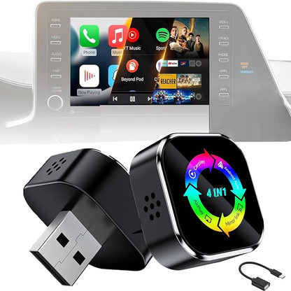 2026 4-in-1 CarPlay Adapter Wireless CarPlay + AirPlay + Android Auto + MirrorLink | Plug-&-Play for iPhone 10+ & Android 11+ | USB-A & Type-C Dual Ports (Colorful)
