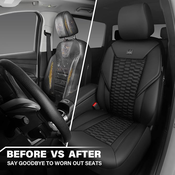 CAR PASS 3D Foam PU Leather Car Seat Covers Front Seats,Black Faux Leather Front Seat Covers for Cars, Universal Fit for SUVs Trucks Vans Sedan Automotive, Armrest Airbag Compatible,Black