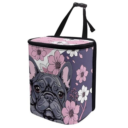 Talayituse French Bulldog Cherry Blossom Print Car Trash Can with Lid, Leak Proof Auto Trash Bag Hanging Vehicle Garbage Can Multipurpose Storage Container for Back Seat Road Trip