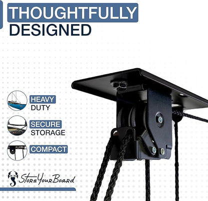 StoreYourBoard Cargo Box Pulley System – Heavy-Duty Garage Hoist Lift for Rooftop Carriers – Garage Storage & Garage Organization Ceiling Hoist with Pulley – Holds 150 lbs - Fits 8–10 ft Ceilings
