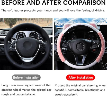 Bittwee Car Steering Wheel Cover, Fluffy Soft Plush for Winter Warm, Cute Steering Wheel Protector with Kitty Cat Ears, Universal 15 Inch, Elastic & Anti-Slip, Lovely Decor Car Accessories (Pink)