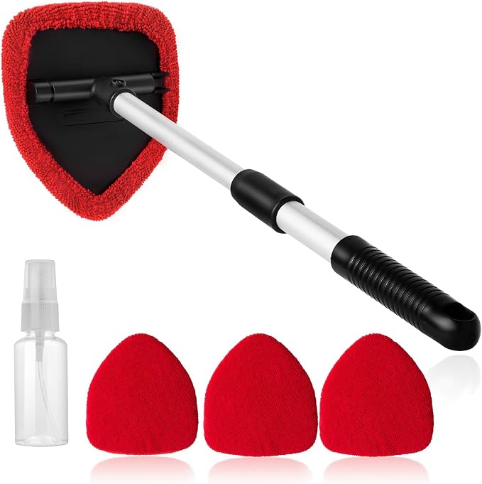 Qydipclin 11pcs Windshield Cleaner Tool, Car Window Cleaning Wash Kit with 6 Reusable Microfiber Pads 2 Spray Bottles and Extendable Handles Auto Glass Wiper Kit, Red