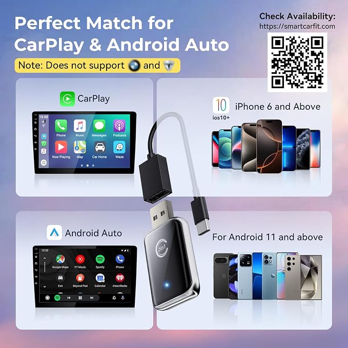 Wireless Carplay Adapter for iPhone, 2 in 1 Plug and Play Mini CarPlay and Android Auto Adapter for iOS 10 Android 11 and Above, Convert Wired Car Play to Wireless