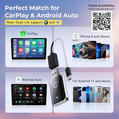 Wireless Carplay Adapter for iPhone, 2 in 1 Plug and Play Mini CarPlay and Android Auto Adapter for iOS 10 Android 11 and Above, Convert Wired Car Play to Wireless