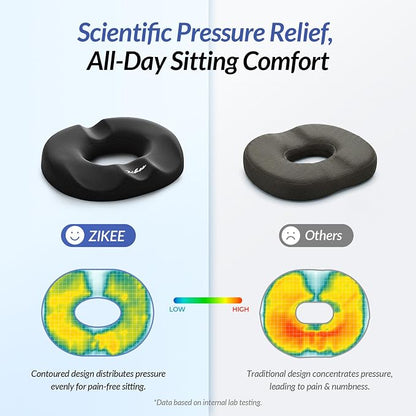 ZIKEE Donut Pillow Seat Cushion for Tailbone Pain, Hemorrhoid Pillow with Pressure Relief Hole & Thigh Slope Design for Postpartum & Post Surgery Sitting Relief, Donut Seat Cushion for Office & Home