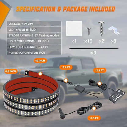 Nilight 49 Inch Emergency Strobe Light Strips with Controller, 288LED Flashing Warning Hazard Safety Rear Window Tailgate Lights for Truck Trailer Construction Plow Pickup SUV Vehicle, Amber White