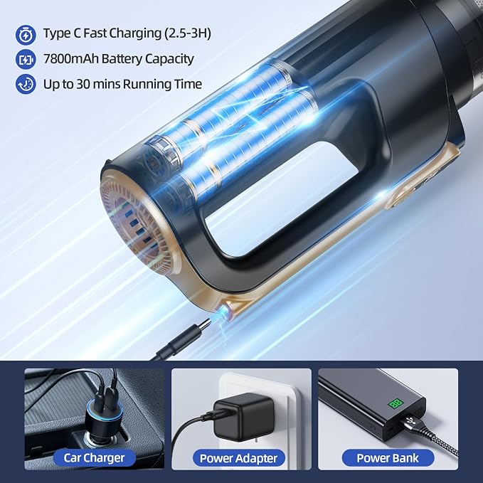 MONOZEL Mini Vacuum Cleaner for Car, 18000Pa 2 in 1 Vacuum Cleaner&Air Duster, 130W Brushless Motor Handheld Vacuum Cordless with 7800mAh Battery, LED Light, Multi-Nozzles for Home, Office, Pet