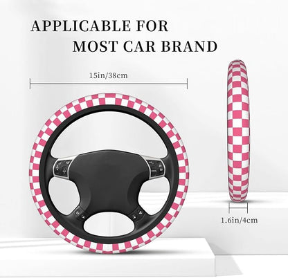 Pink Checkered Steering Wheel Cover for Women,Universal Auto Steering Wheel 14-15 Inch Car Interior Accessories with 2PCS Car Coasters,Suitable for Men and Women