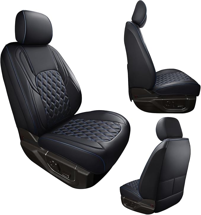 Huidasource Ford F150 Front Seat Covers, Full Coverage Faux Leather Pickup Seat Protector Fit for 2015-2025 Ford F150 SuperCrew & 2017-2025 F250 F350 F450 Super Duty Crew Cab (Front Pair/Black&Blue)