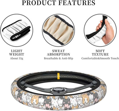 Cute Cat Steering Wheel Cover for Women, Universal Auto Steering Wheel 14-15 Inch Car Interior Accessories with 2PCS Car Coasters, Suitable for Men and Women