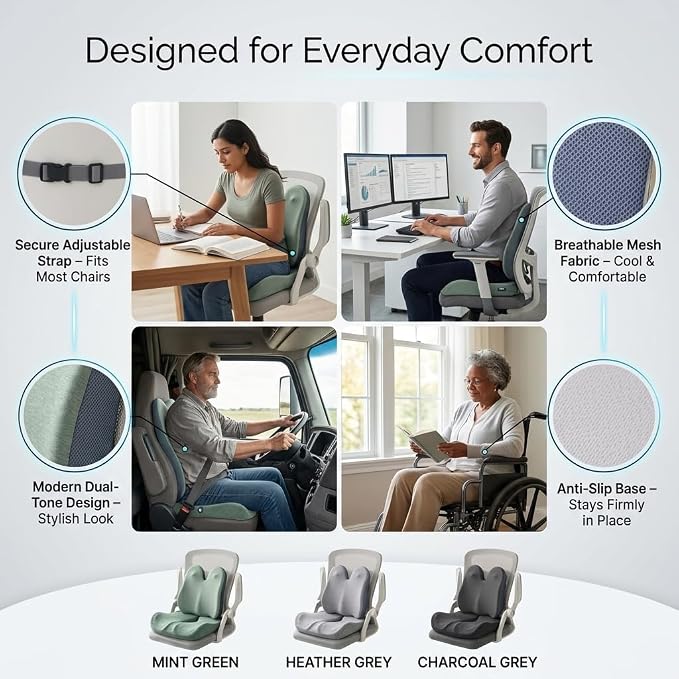 Seat Cushion & Lumbar Support Pillow Set for Office Chair, Memory Foam Seat Cushion with Adjustable Strap, Comfort Support Cushions for Office Chair, Car and Wheelchair (Dark Grey)