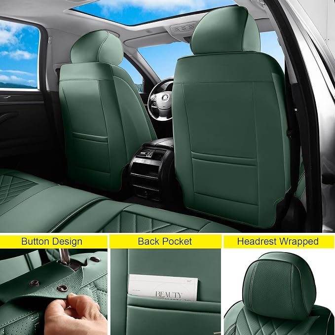 Green Car Seat Covers Full Set, Full Coverage Luxury Leather Green Seat Covers for Front and Rear Car Seats Waterproof Anti-Slip Cover Set Universal Fit for Most 5-Seater Cars SUVs