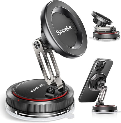 SYNCWIRE for MagSafe Car Mount [2-Axis Design] Nano Adhesive Gel + Suction Cup Magnetic Phone Holder for Dashboard & Windshield, 360° Adjustable for iPhone 17 16 15 14 13 12 11, Samsung, Matte Black
