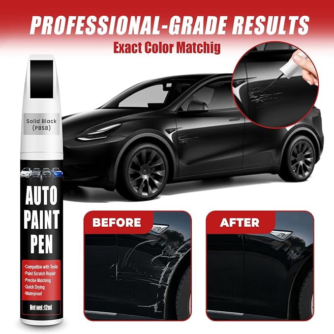Touch Up Paint for Cars (Solid Black PBSB), Compatible with Tesla Model Y/3/X/S, 0.4 fl oz Color Accurate 2-in-1 Car Paint Scratch Repair Pen, Easy to Use, Fast-Drying, Long-Lasting