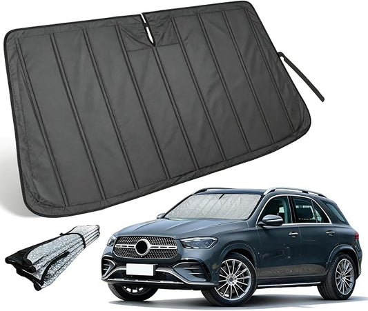 Thickened Sun Shade for Mercedes-Benz GLE/GLS SUV 2020-2026 | Accordion Front Window Sunshade Aluminum Windshield Protection Shield, Foldable Sun Visor with Storage Bag Car Accessories