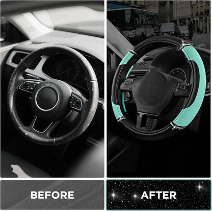 Road Comforts Leather Steering Wheel Cover - Made with PVC Leather - Anti-Slip, Universal Fit 14 1/2 inches to 15 inches - Mint