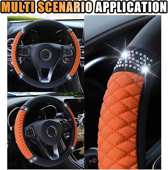 Bling Soft Leather Steering Wheel Cover, 15 Inch Colorful Rhinestones Auto Elastic Protector with Crystal Diamond for Women Girls, Car Accessories for Most Cars, SUVs (Orange)