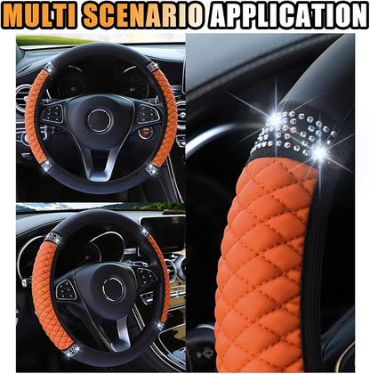 Bling Soft Leather Steering Wheel Cover, 15 Inch Colorful Rhinestones Auto Elastic Protector with Crystal Diamond for Women Girls, Car Accessories for Most Cars, SUVs (Orange)