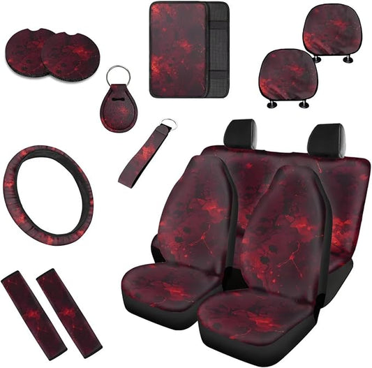 13 Pcs Halloween Blood Stain Car Seat Covers Full Set, Horror Bloody Car Accessories Steering Wheel Cover, Gothic Bloodstains Cup Mats Keyring Universal Fit for Cars