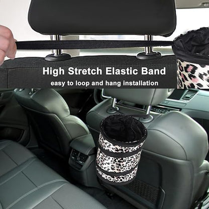 Car Trash Can, 2 Packs Mini Car Garbage Can, Collapsible Trash Bin | Pop-Up Trash Can for Front Back Seat, Portable Trash Bag Hanging for Vehicle SUV Rv Truck Accessories Interior, Leopard Print