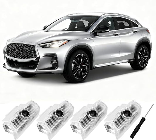 4Pcs No Fade Car Door Lights Logo Projector Compatible with QX50/56/60/70/80, Q50/60/70, G25/37, M25/35/37/45/56, FX35/37/45/50, EX25/35/37 Model, Led Car Door Welcome Puddle Lights Accessories