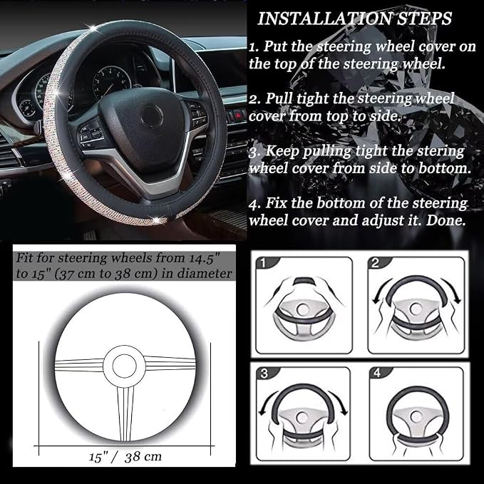 New Diamond Leather Steering Wheel Cover with Bling Bling Crystal Rhinestones, Universal Fit 15 Inch Car Wheel Protector for Women Girls Black with Colorful Diamonds