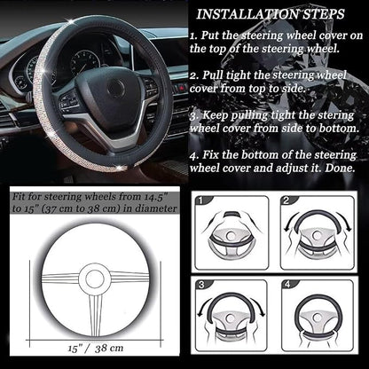 New Diamond Leather Steering Wheel Cover with Bling Bling Crystal Rhinestones, Universal Fit 15 Inch Car Wheel Protector for Women Girls Black with Colorful Diamonds