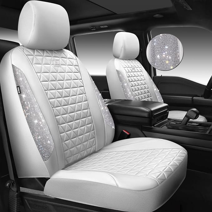CAR PASS All White Bling Diamond Leather Car Seat Covers Full Sets,Waterproof Shining Glitter Sparkly Crystal Universal Fit for Automotive Truck SUV Cute Women Girl Airbag Compatable,Sliver Rhinestone