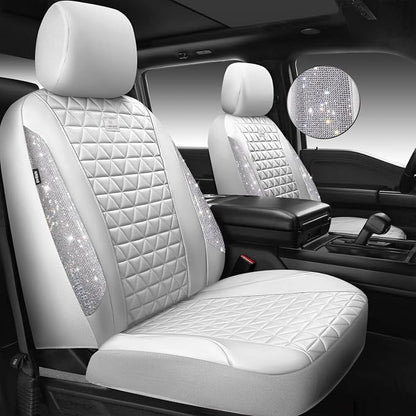 CAR PASS All White Bling Diamond Leather Car Seat Covers Full Sets,Waterproof Shining Glitter Sparkly Crystal Universal Fit for Automotive Truck SUV Cute Women Girl Airbag Compatable,Sliver Rhinestone