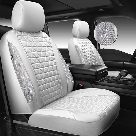 CAR PASS All White Bling Diamond Leather Car Seat Covers Full Sets,Waterproof Shining Glitter Sparkly Crystal Universal Fit for Automotive Truck SUV Cute Women Girl Airbag Compatable,Sliver Rhinestone