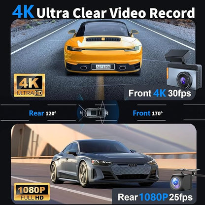 4K Dual Channel Dash Cam Front and Rear, Free 64GB Card Included, 5.8GHz WiFi Dash Camera for Cars, Built-in GPS, G-Sensor, 170°Wide Angle, 3" IPS Screen, 24H Parking Mode, Support 512GB Max