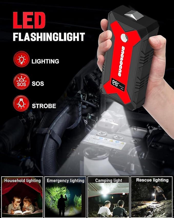 Car Battery Jump Starter, 4000A Battery Jumper Starter Portable 12V Lithium (for 9.0L Gas or 7.0L Diesel Engine), Jump Box, Jump Starter Battery Pack with Jumper Cable, LED Light, USB QC3.0 (Red)