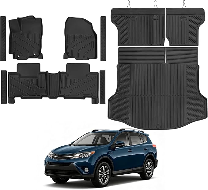 Custom Fit Floor Mats for Toyota RAV4 2013-2018, All Weather TPE Floor Liners with Trunk Mat & Backrest Protectors & Door Sill Guard, Odorless Full Set Interior Accessories