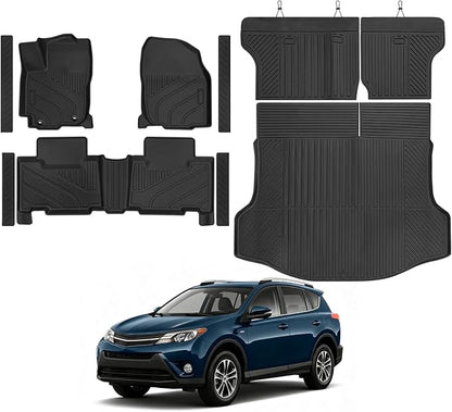 Custom Fit Floor Mats for Toyota RAV4 2013-2018, All Weather TPE Floor Liners with Trunk Mat & Backrest Protectors & Door Sill Guard, Odorless Full Set Interior Accessories
