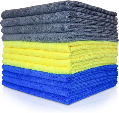SAIU Microfiber Cleaning Cloths 16x16 in Grey/Blue/Yellow Higher Absorency 12 Pack, Car Washing Cloth Dry Dust Polish Multiple Uses