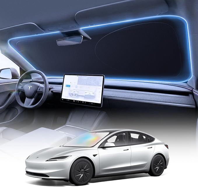 Windshield Sun Shade for Tesla Model Y / 3 2017-2026 (Juniper), Keeps Car Cool & Protects Interior, Easy Storage with Bag, Sliver