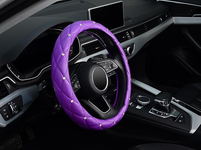 KAFEEK Diamond Soft Leather Steering Wheel Cover with Bling Bling Crystal Rhinestones, Universal 15 inch, Purple