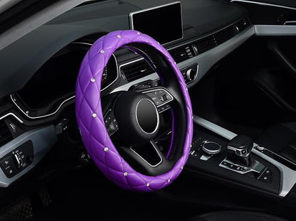 KAFEEK Diamond Soft Leather Steering Wheel Cover with Bling Bling Crystal Rhinestones, Universal 15 inch, Purple